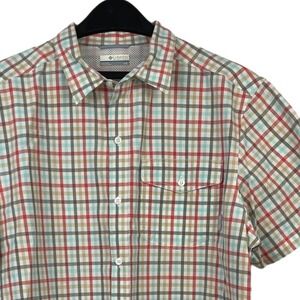 Columbia Men's Large 100%‎ Cotton Vented Button Up Short Sleeve Blue Pink Plaid